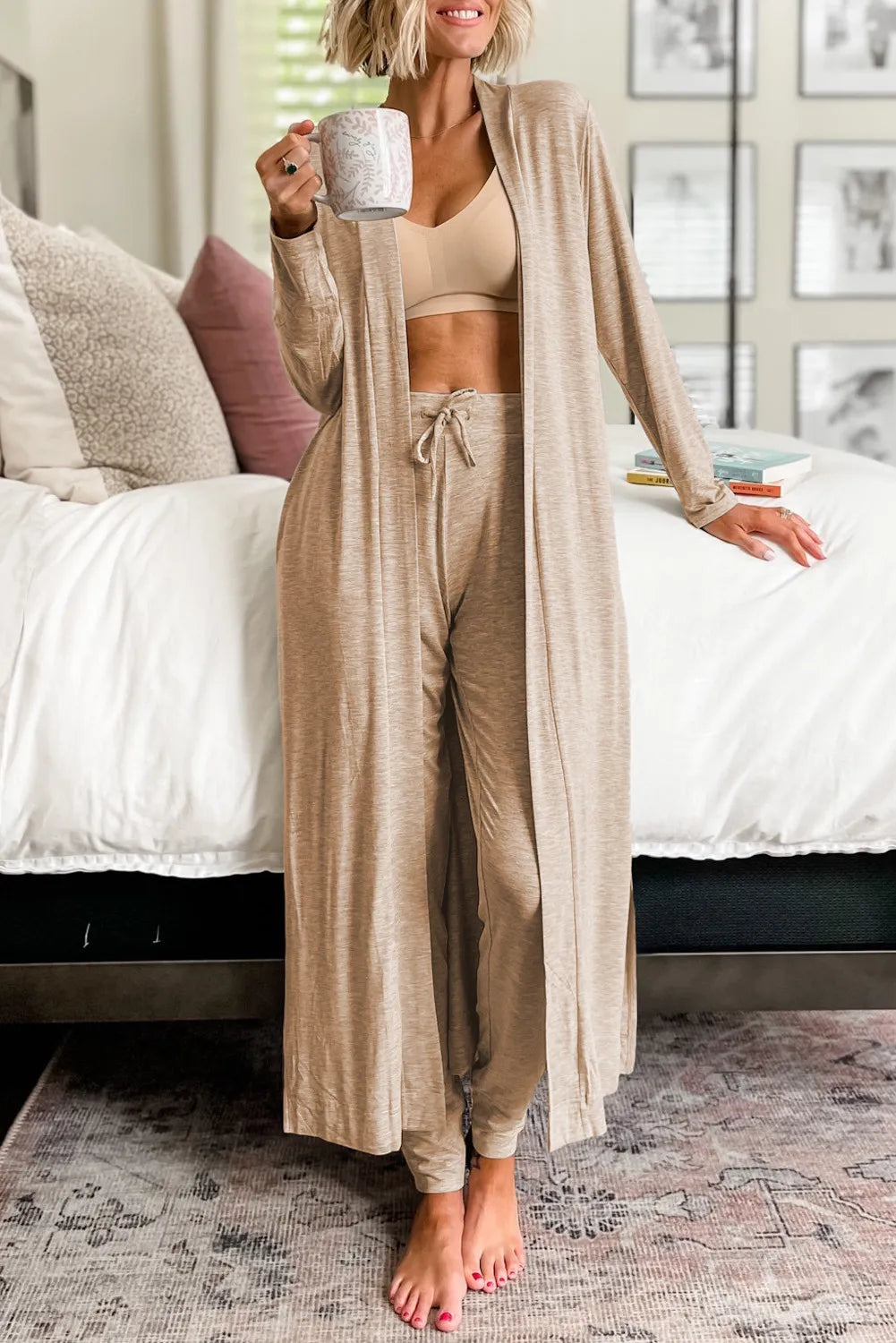 KZY Open Front Long Sleeve Cardigan and Pants Lounge Set