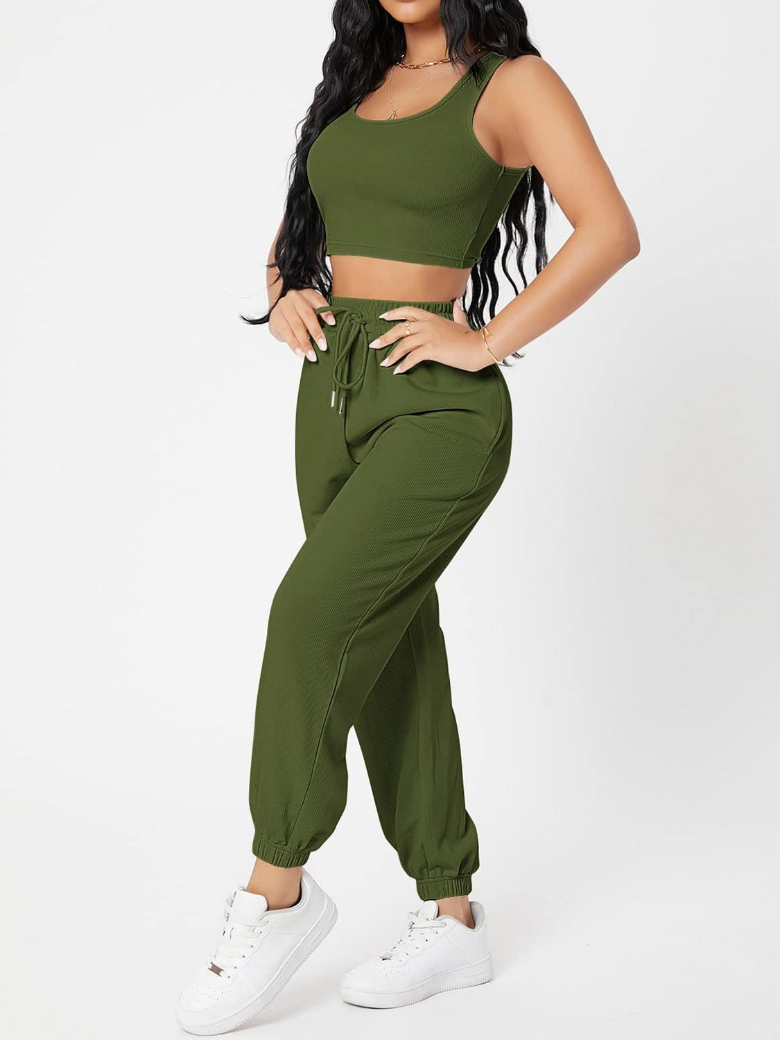 Wide Strap Top and Drawstring Joggers Set