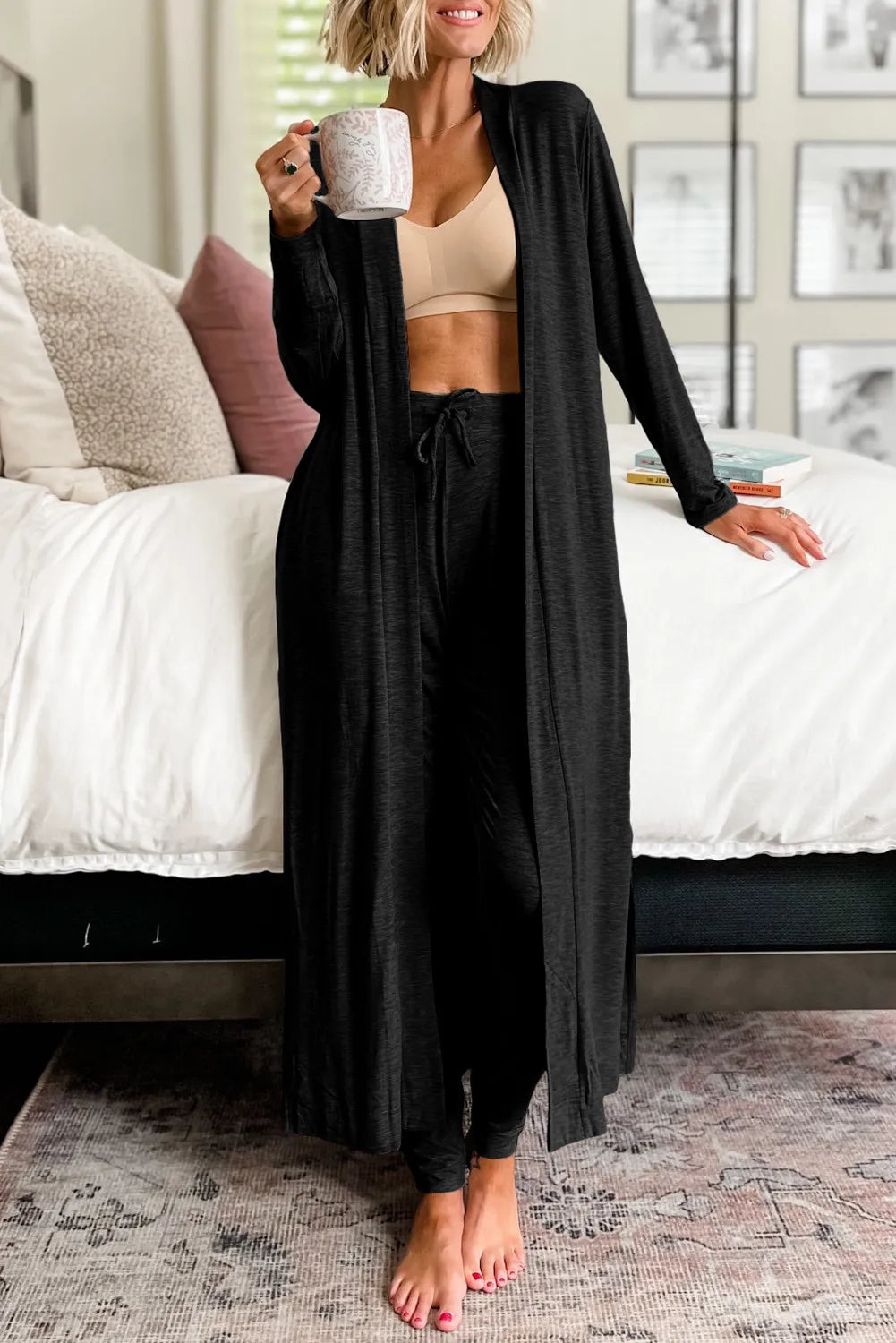 KZY Open Front Long Sleeve Cardigan and Pants Lounge Set