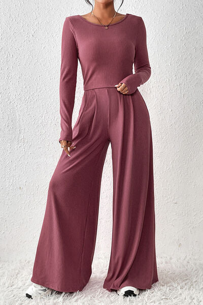 Ribbed Round Neck Top and Wide-Leg Pants Set