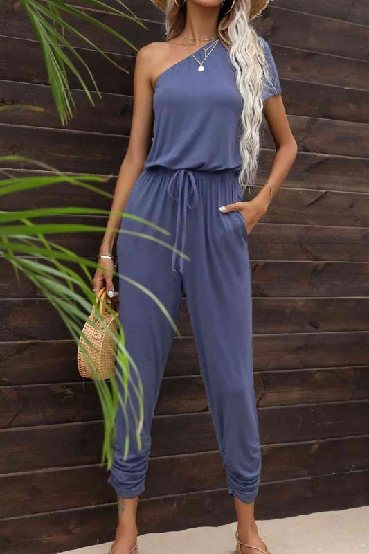 Drawstring Waist One-Shoulder Jumpsuit with Pockets