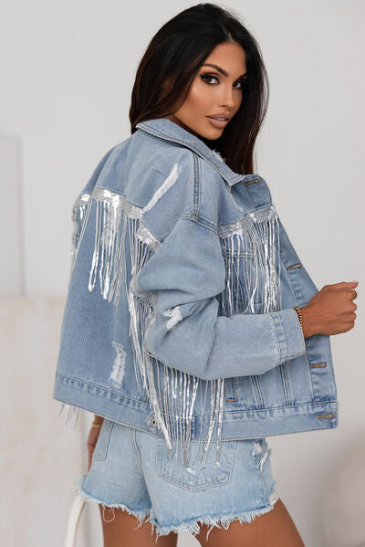 Fringe Me Sequin Fringe Trim Distressed Button Up Denim Jacket