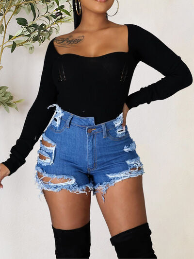 Daisy Distressed Raw Hem Denim Shorts with Pockets