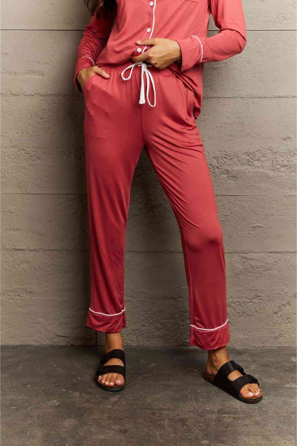 Ninexis Buttoned Collared Neck Top and Pants Pajama Set