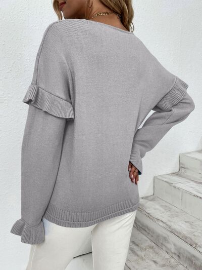 Ruffled V-Neck Dropped Shoulder Sweater