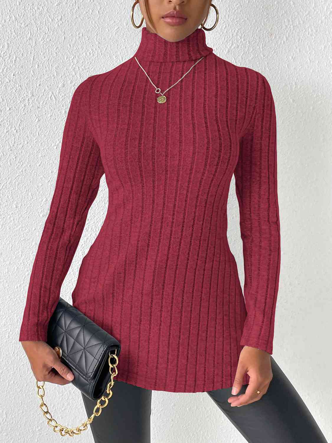 Ribbed Turtleneck Long Sleeve Slit T-Shirt