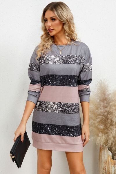 Striped Round Neck Dropped Shoulder Dress