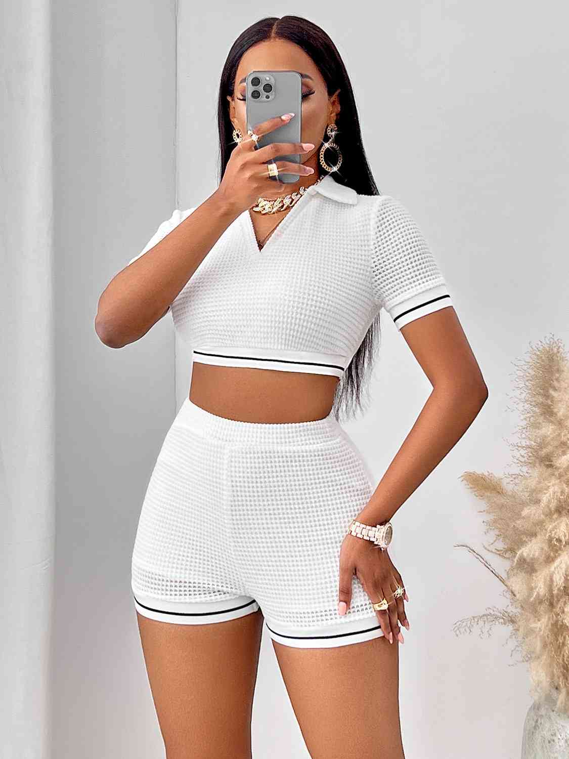 Whitney Waffle-Knit Collared Neck Cropped Top and Shorts Set