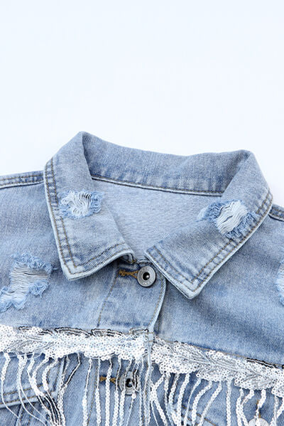 Fringe Me Sequin Fringe Trim Distressed Button Up Denim Jacket