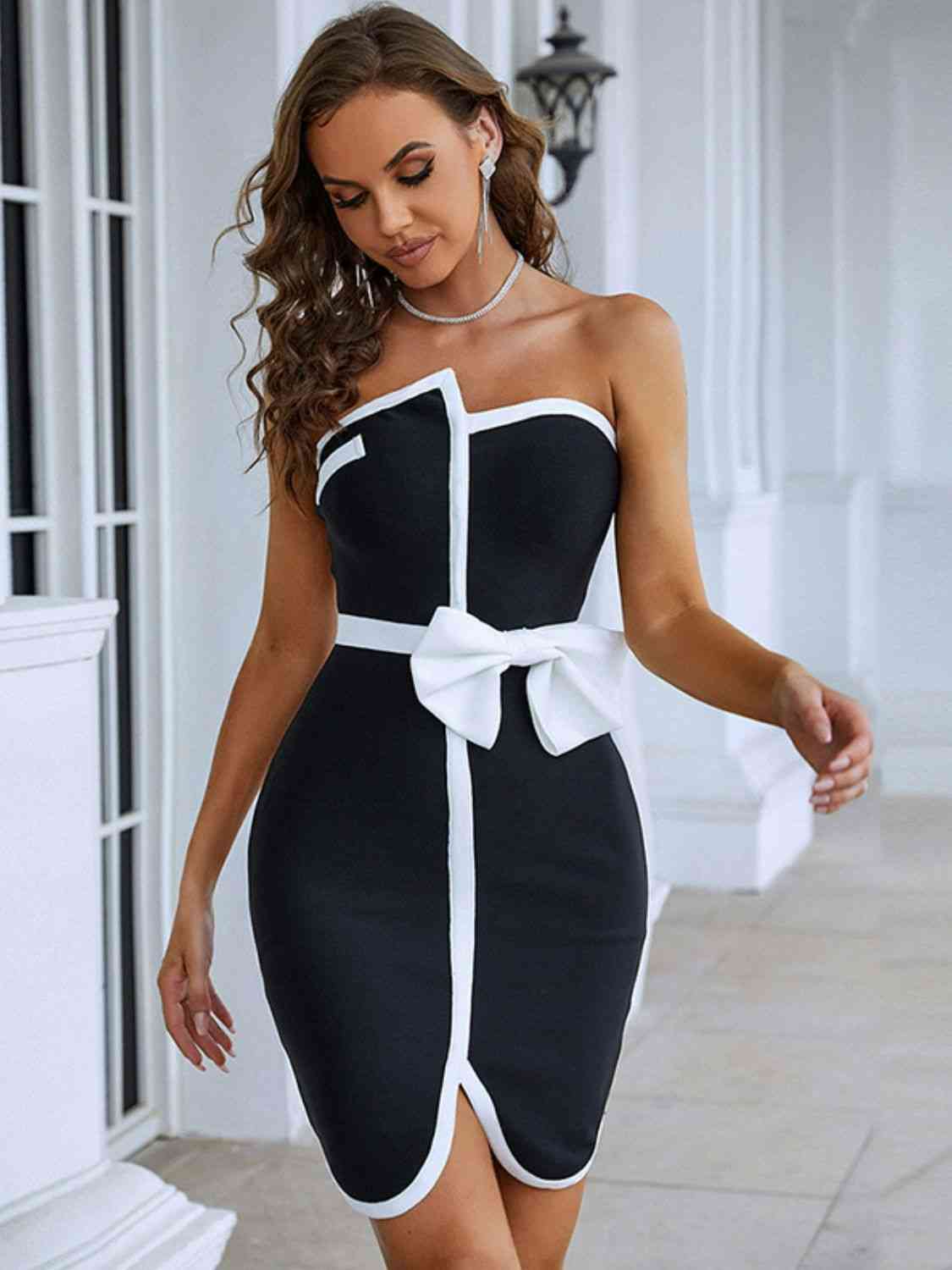 Eleanor Contrast Strapless Bow Detail Mini Dress