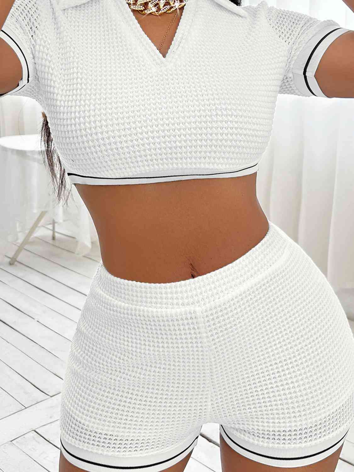 Whitney Waffle-Knit Collared Neck Cropped Top and Shorts Set