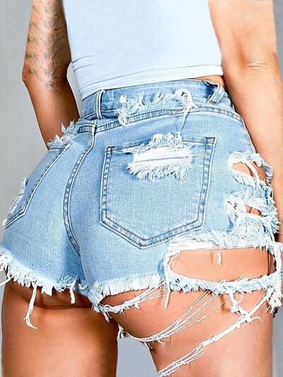 Daisy Distressed Raw Hem Denim Shorts with Pockets