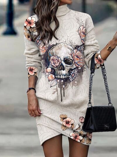 Printed Turtleneck Long Sleeve Mini Dress