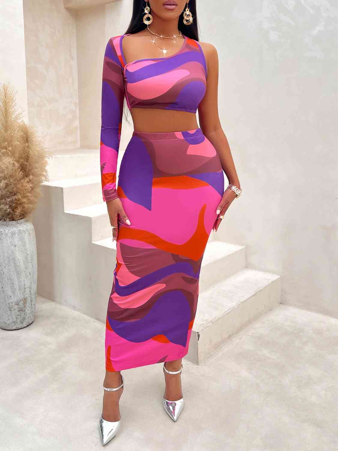 Work of Art Asymmetrical Cropped Top and Slit Skirt Set