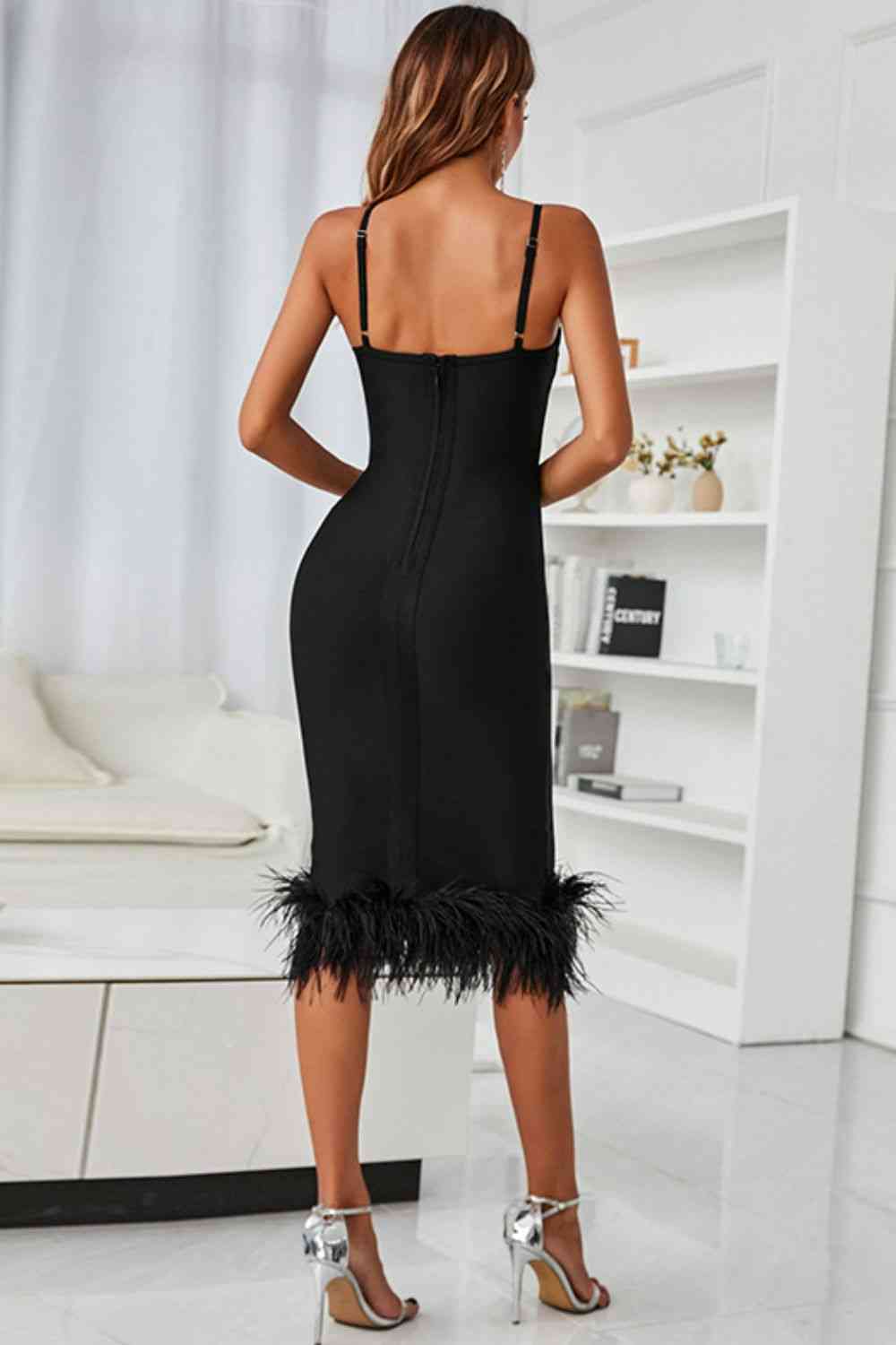 Ravynn Spaghetti Strap Feather Trim Bodycon Dress