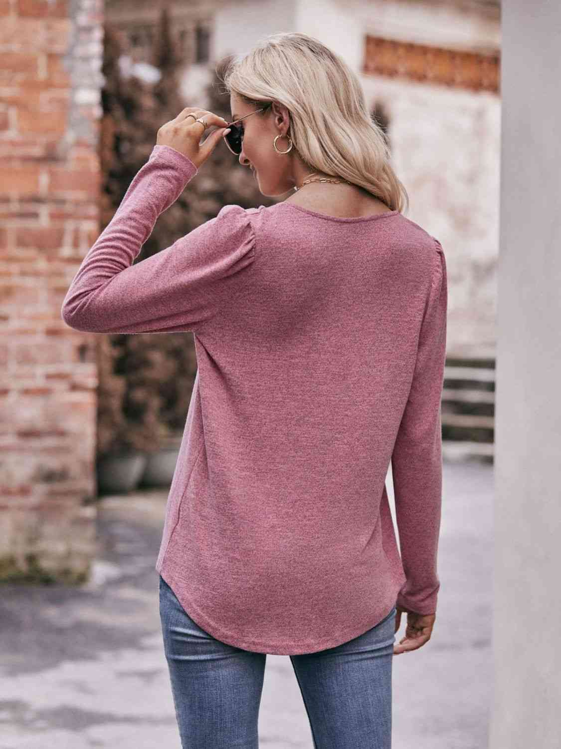 Double Take Pleated Detail Curved Hem Long Sleeve Top