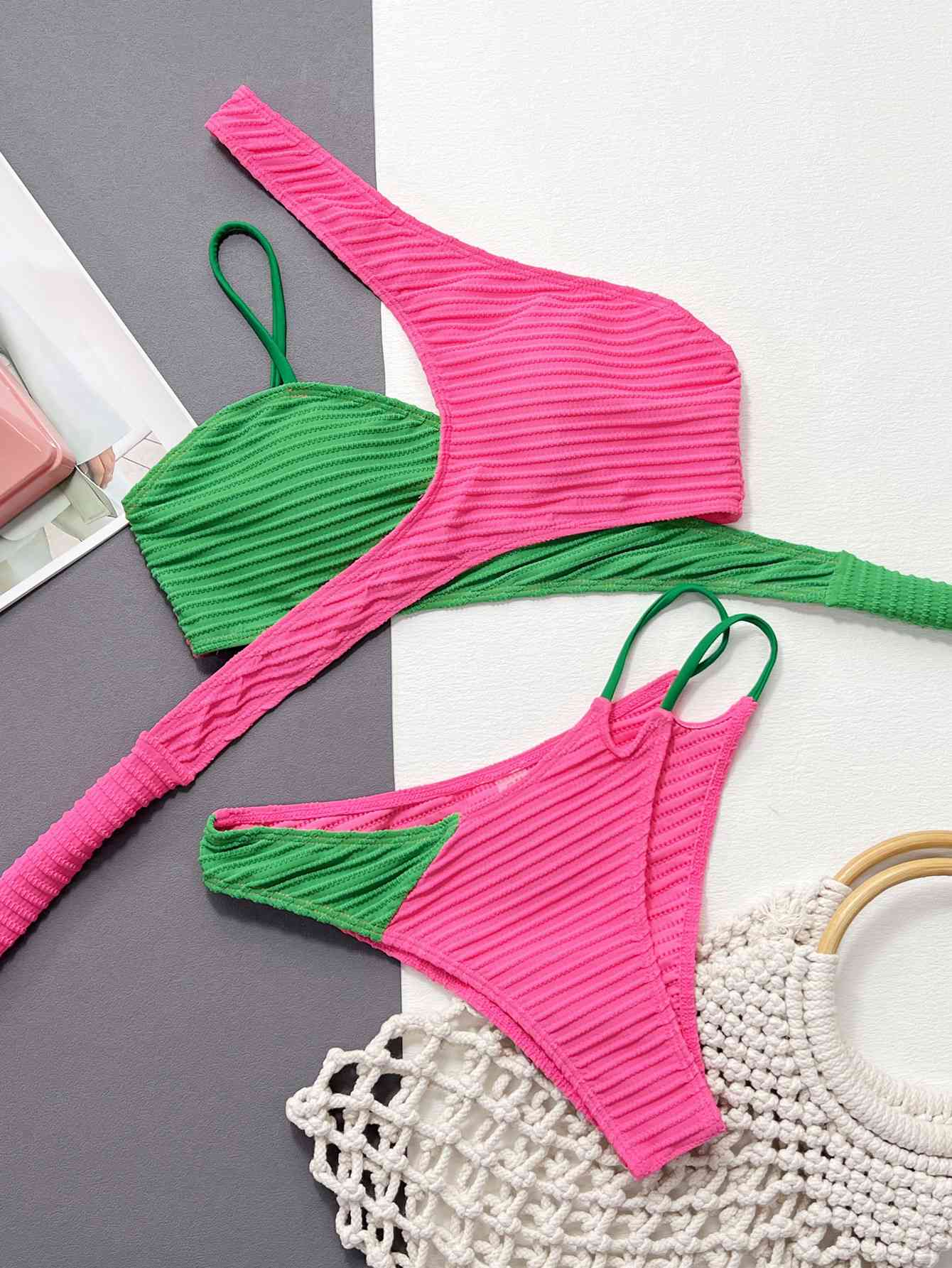 Watermelon Contrast One-Shoulder Two-Piece Swim Set