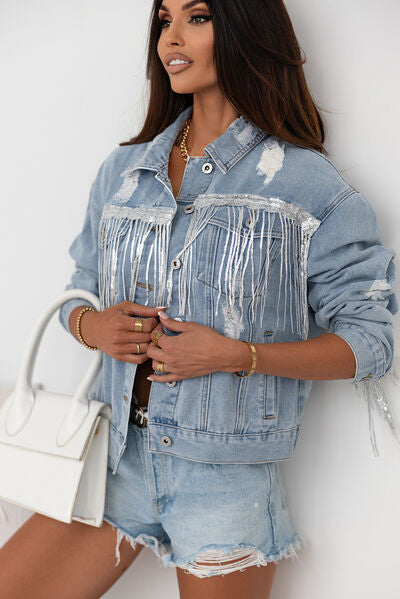 Fringe Me Sequin Fringe Trim Distressed Button Up Denim Jacket